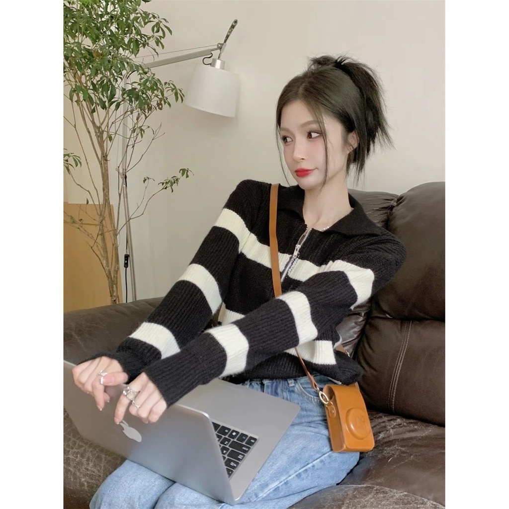 Áo Sweater Họa Tiết Kẻ Sọc Phong Cách Retro Thời Trang Mùa Thu