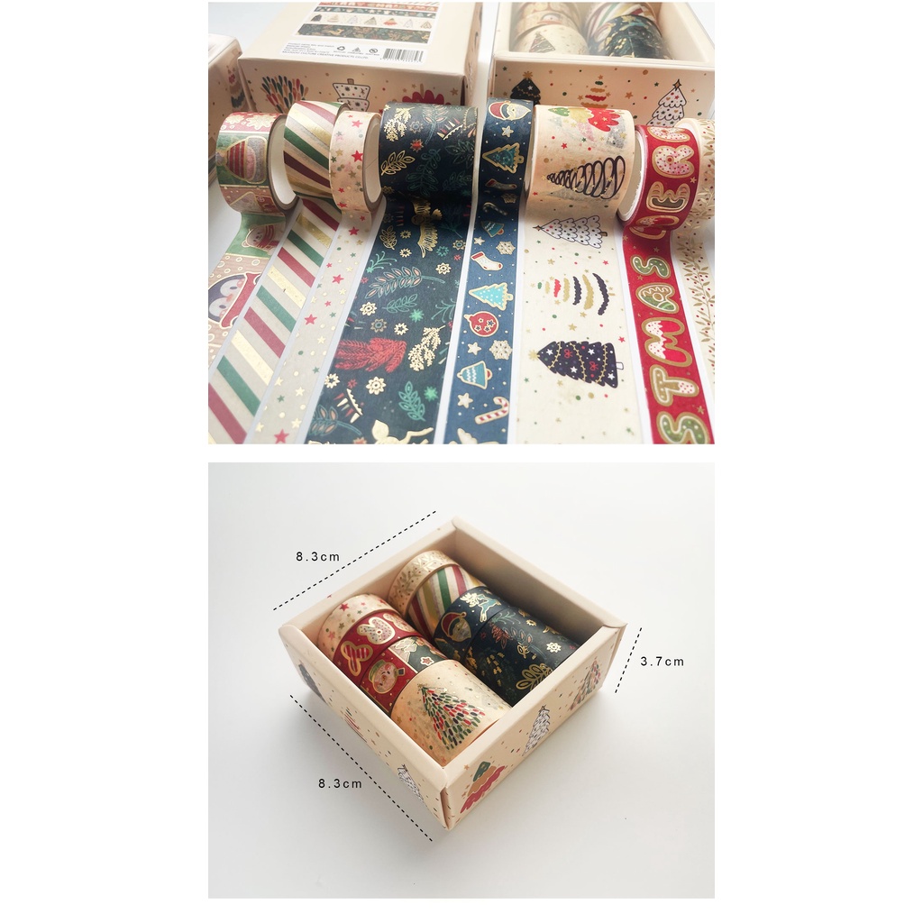Bộ 8 Cuộn Băng Keo Washi Màu Đồng Họa Tiết Giáng Sinh Dễ Thương Trang Trí Sổ Tay DIY