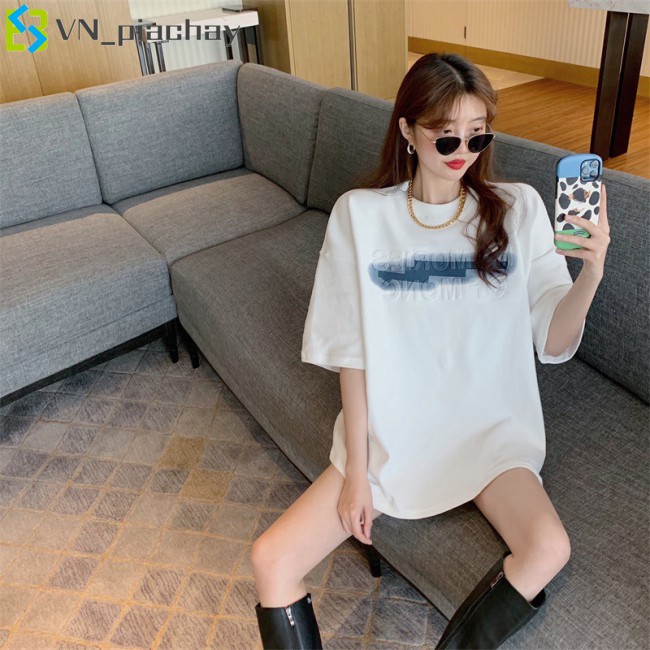 COD Women  T-shirt Three-dimensional Foaming Printing White Top Mid-length Loose Short-sleeved Shirt