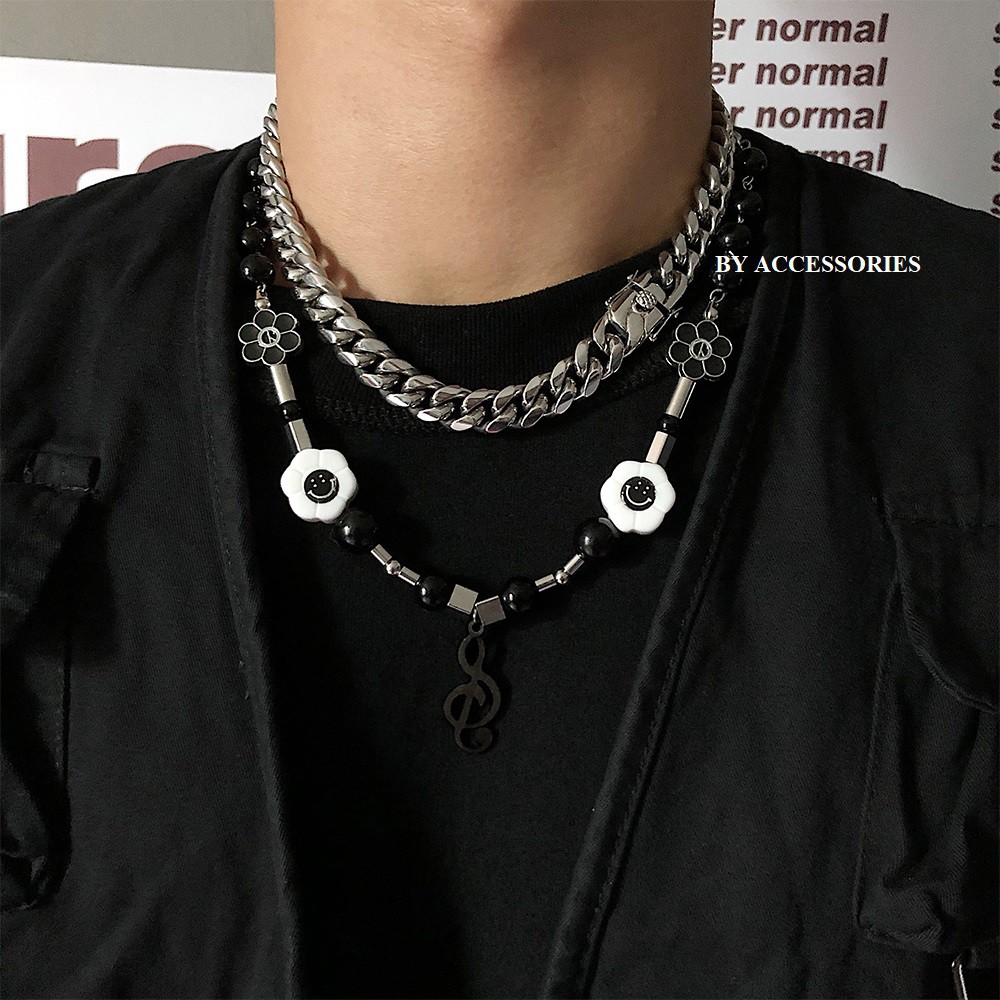 Dây chuyền titan hiphop chuỗi hoa mặt cười khóa nhạc