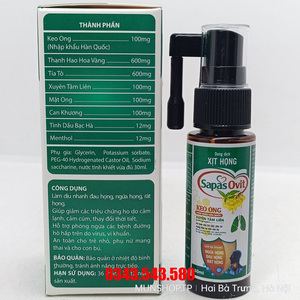 Dung dịch xịt họng keo ong xuyên tâm liên Sapas Ovit 30ml