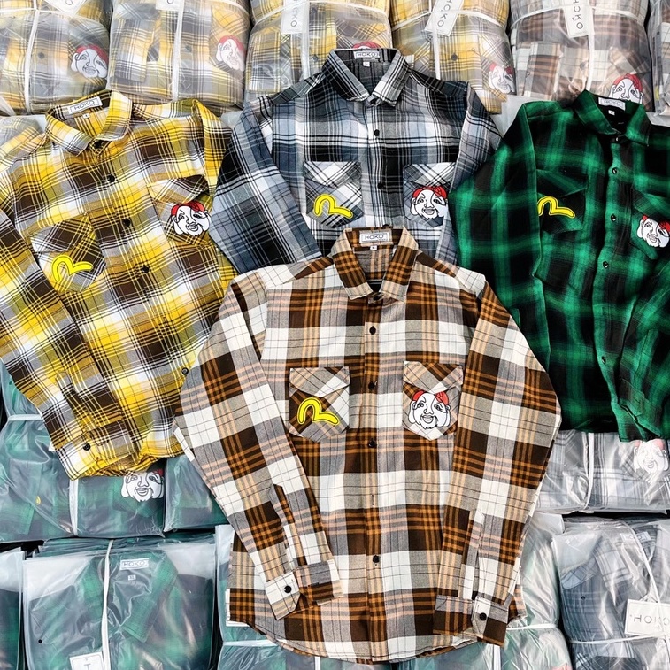 Áo Sơ Mi Nam Tay Dài Vải Nỉ Caro In Hình EVISU Phong Cách Độc Lạ Thời trang Hot Trend Mới