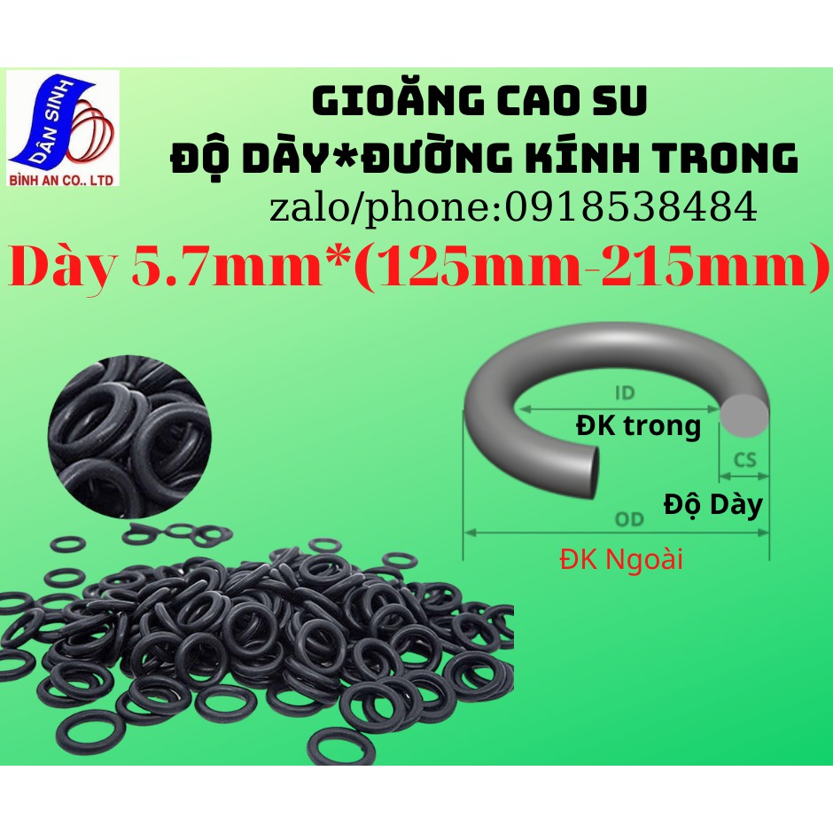 Dày 5.7mm * (125mm đến 250mm Đường kính trong) Gioăng cao su NBR70