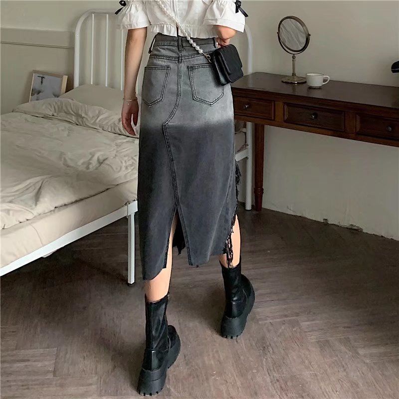 COZOK Chân váy jean Lưng Cao Màu Gradient Thiết Kế Xẻ Tà Xinh Xắn