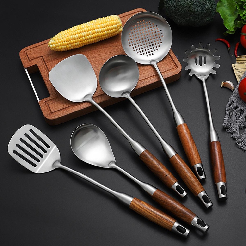 Muỗng Nấu Ăn Bằng Thép Không Gỉ Tay Cầm Gỗ Chịu Nhiệt Tốt