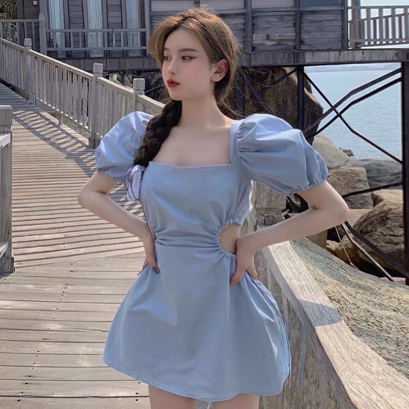 #20 Đầm dự tiệc nữ váy hở lưng cột dây rút eo che bắp tay đi biển dáng ngắn cổ vuông tay phồng bồng