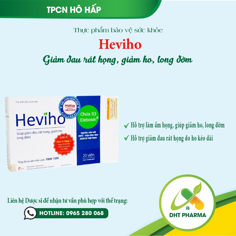 Heviho giúp giảm đau rát họng, giảm ho, long đờm (Hộp 2vỉ x10viên)