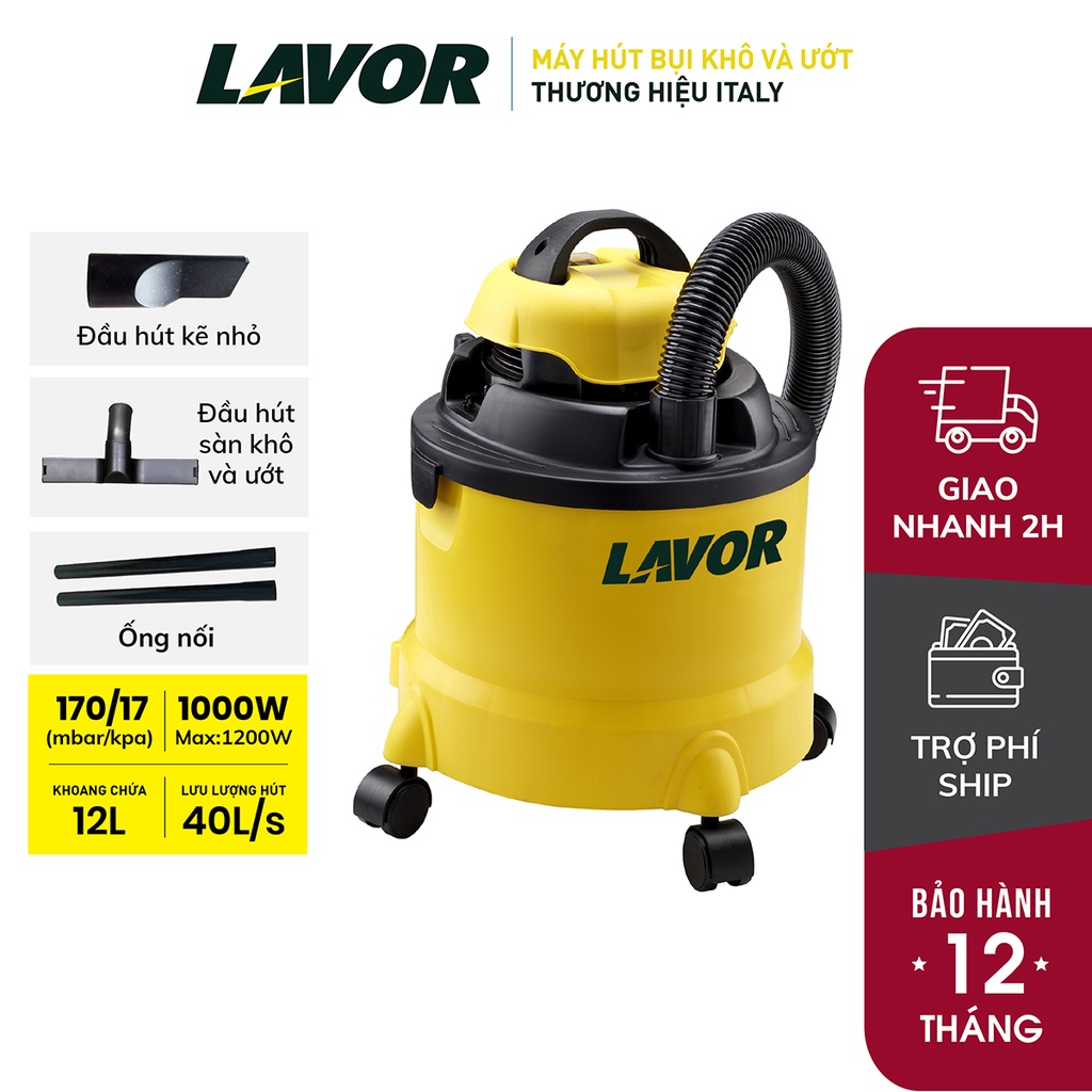 Máy hút bụi khô và ướt Lavor DVC 12PT, công suất 1200W, khoang chứa 12 Lít - bảo hành 1 năm