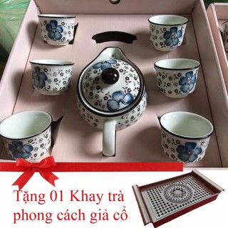 Bộ ấm chén Hoa Đào phong các cổ điển Nhật Bản (Màu hồng)(Tặng 01 Khay ấm chén giả cổ)