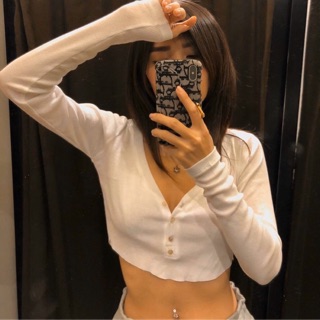 [HÌNH_THẬT_CUỐI]Áo croptop body cổ V tay dài gài nút