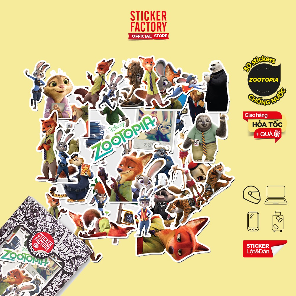 Hộp set 30 sticker decal hình dán nón bảo hiểm , laptop, xe máy, ô tô STICKER FACTORY - Zootopia