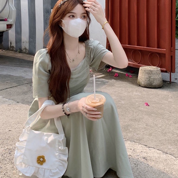 Đầm Dáng Dài Màu Xanh Lá Phong Cách Pháp Thời Trang Mùa Hè Hàng Mới 2022 Dành Cho Bạn Nữ