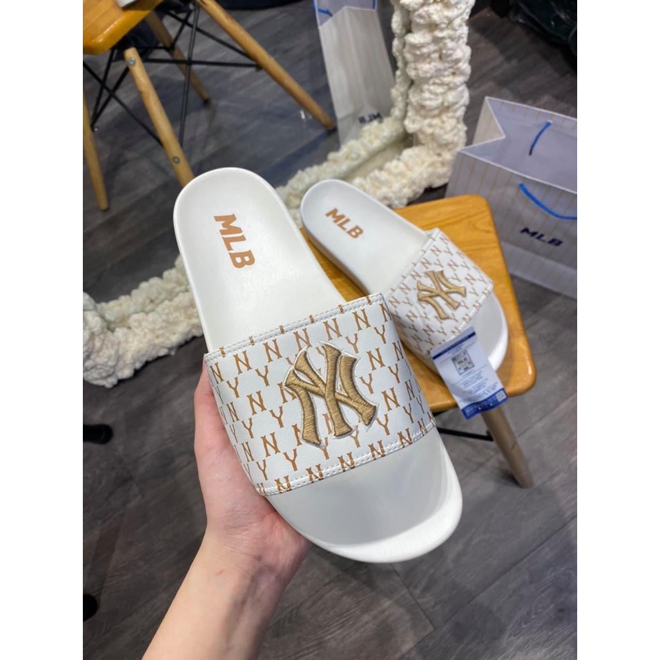 Dép unisex  ❤️FREESHIP + Hộp❤️ dép mlb ny bóng chày quai ngang thể thao nam nữ Thêu NY - NY nỗi chất xịn kèm tag mác gv