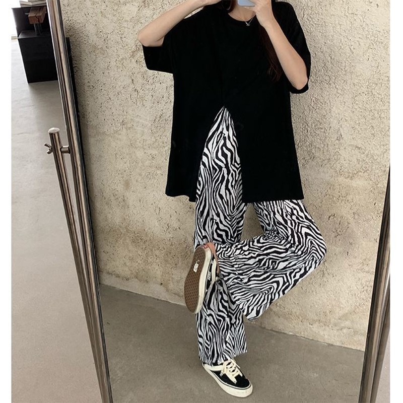Fashionable Zebra Pattern with High Waist Female Long Pants Wide Tube