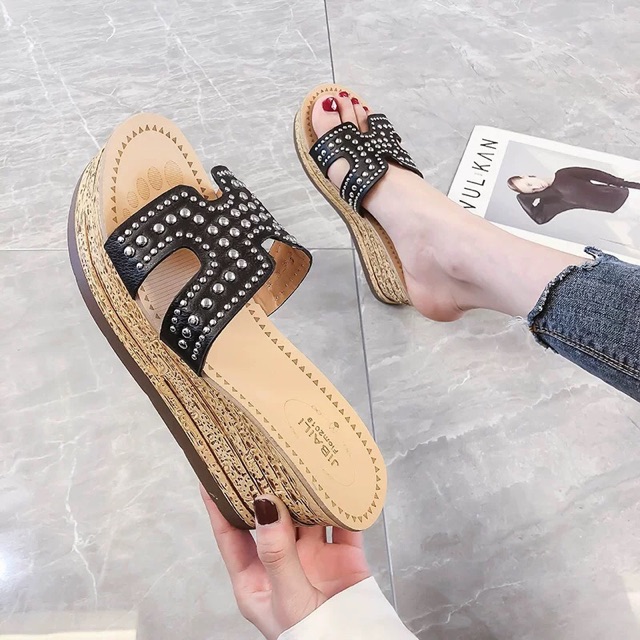 (Sẵn hàng) Dép đế xuồng chữ H đinh tán cao 7,5cm