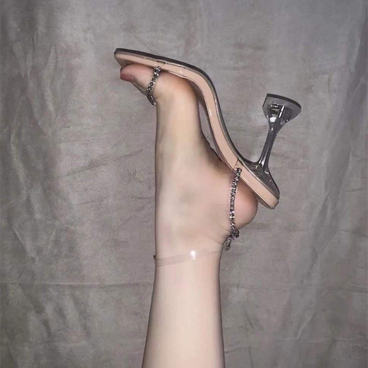 2022 fashion transparent glass heel high heel shoes women's open toe rhinestone strap daily sandals women's DCO7