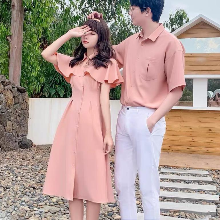 Áo váy đôi ❤️FREESHIP❤️ Áo đôi váy sơ mi dễ thương chụp ảnh đi biển nam nữ Hàn Quốc COUPLE màu hồng AV87 LCA