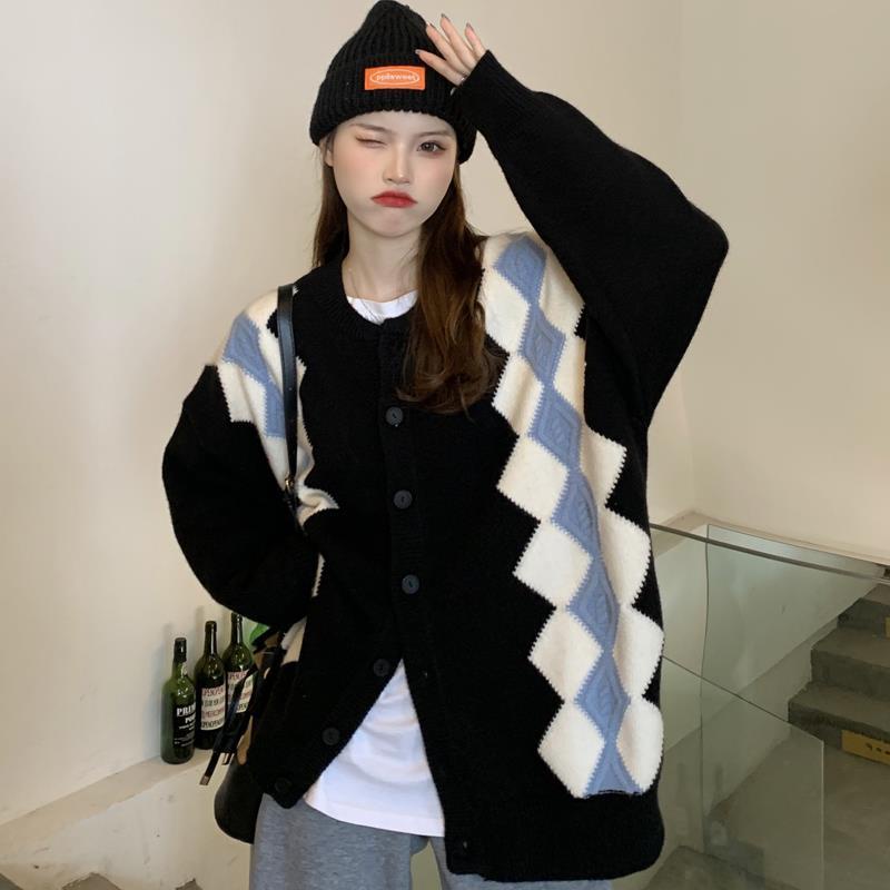 Áokhoác cardigan dệt kim tay dài dáng rộng đính đá phong cách phương Tây