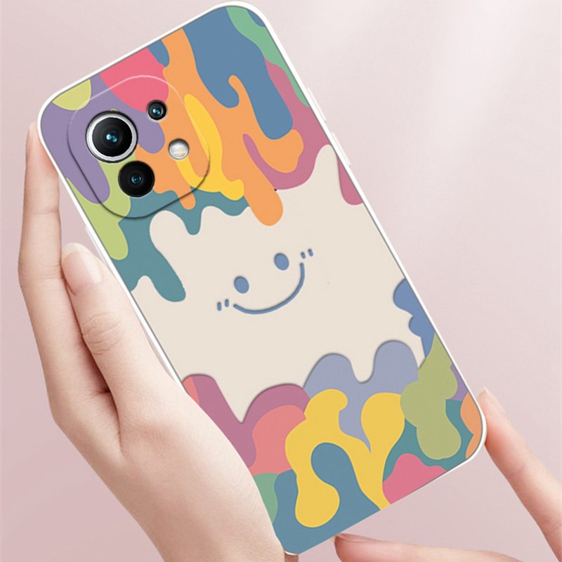 Ốp điện thoại dáng vuông họa tiết cầu vồng mặt cười cho Xiaomi 11 Ultra Poco F3 Redmi 9 9a Note 7 8 9 10 Pro