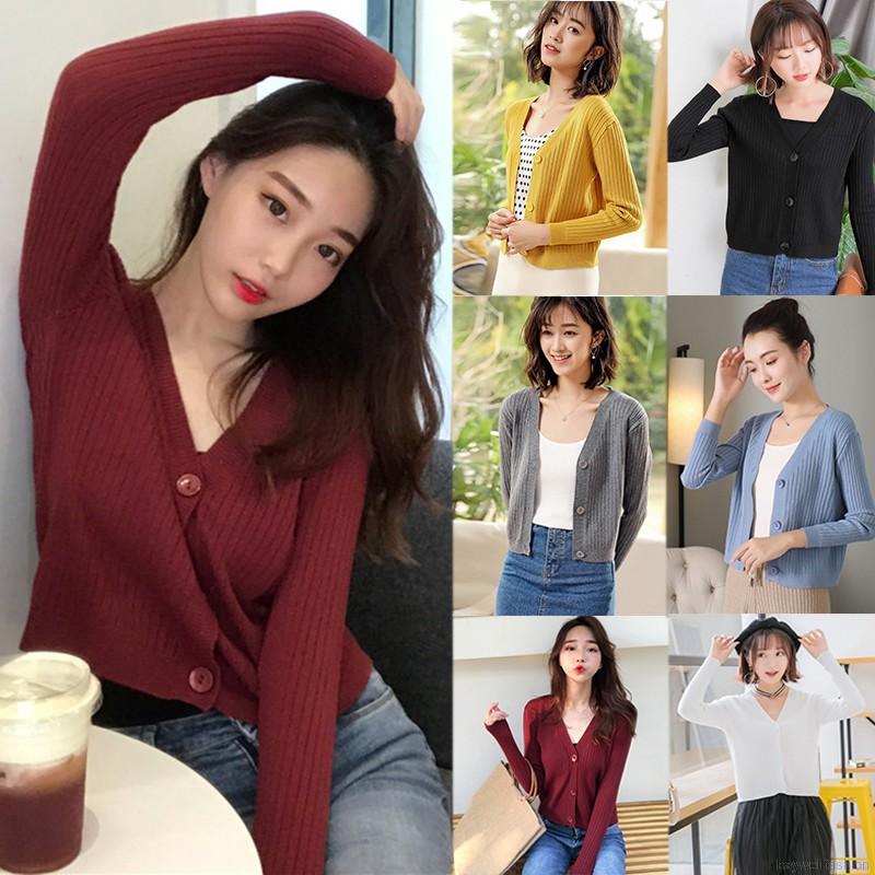 [Baywellfashion]Áo khoác cardigan màu trơn phối nút thiết kế cổ chữ V quyến rũ