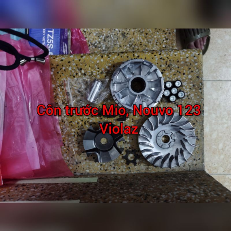 Bộ puly nồi trước xe Mio 1, Nouvo 123, Nozza, Ultimo gồm ắc nồi, chén bi, cánh quạt và bi nồi côn hàng công ty, noza