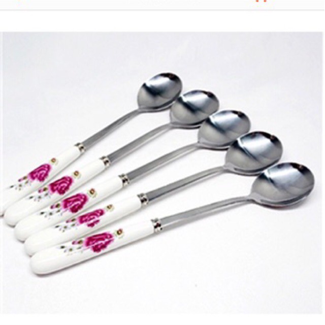 Set 5 thìa ăn cơm cán sứ CAO CẤP SIÊU ĐẸP