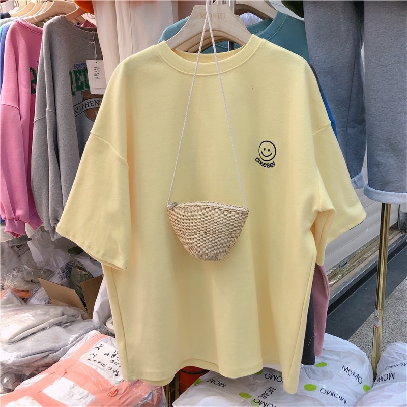 MS942 Áo thun cổ tròn form rộng thêu mặt cười cheese unisex