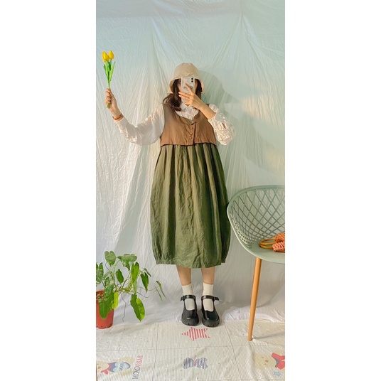 Đầm xanh rêu linen bo chun