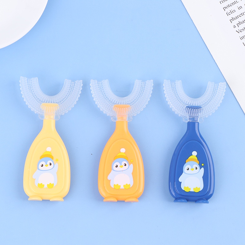 [Hàng mới về] Bàn chải đánh răng silicon hình chữ U 360 độ họa tiết hoạt hình cho bé