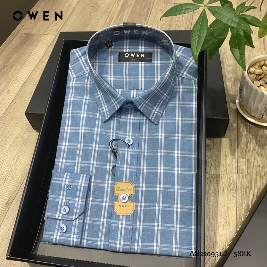 Áo Sơ Mi Nam Dài Tay OWEN AS220951D Somi Công Sở Vải Sợi Tre Cao Cấp Màu Kẻ caro xanh trắng Dáng Slim Fit Tà Lượn