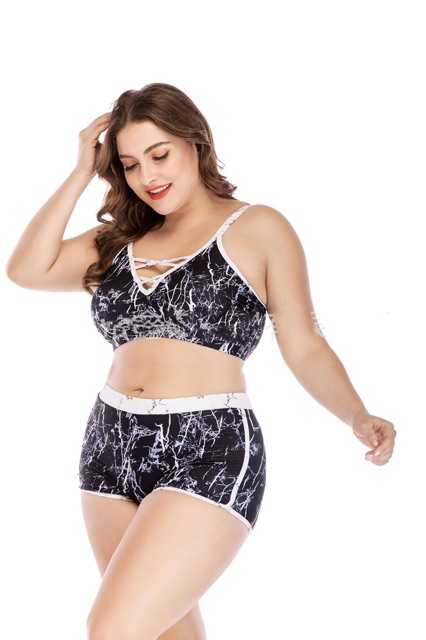 Bộ bikini short big size 2 mảnh màu đen phối trắng size lớn 80-110kg | BigBuy360 - bigbuy360.vn