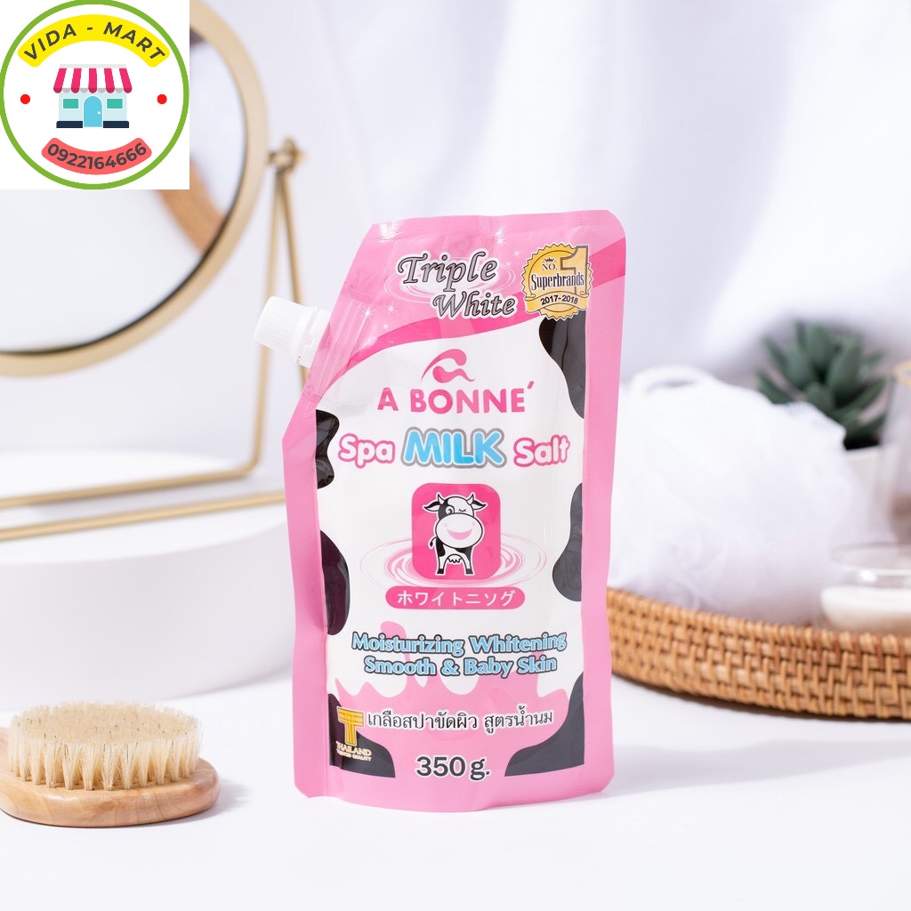 Muối Tắm Sữa Bò Tẩy Tế Bào Chết A Bonne Spa Milk Salt Trắng Da 350g Cân Bằng Độ Ẩm Cho Da Mềm Mại, Mịn Màng (SP200276)