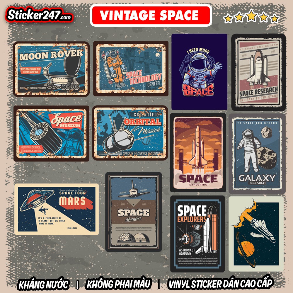 Sticker Vintage Retro Space Galaxy Vũ trụ 𝑭𝒓𝒆𝒆𝒔𝒉𝒊𝒑 chống nước, sticker dán laptop, điện thoại, đàn, mũ bảo hiểm, vali