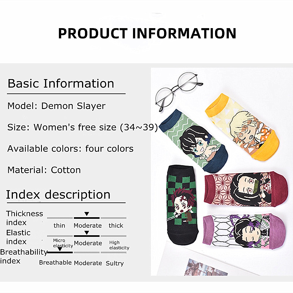 Vớ cotton cổ thấp in họa tiết hoạt hình Demon Slayer 5 màu SOFTNESS