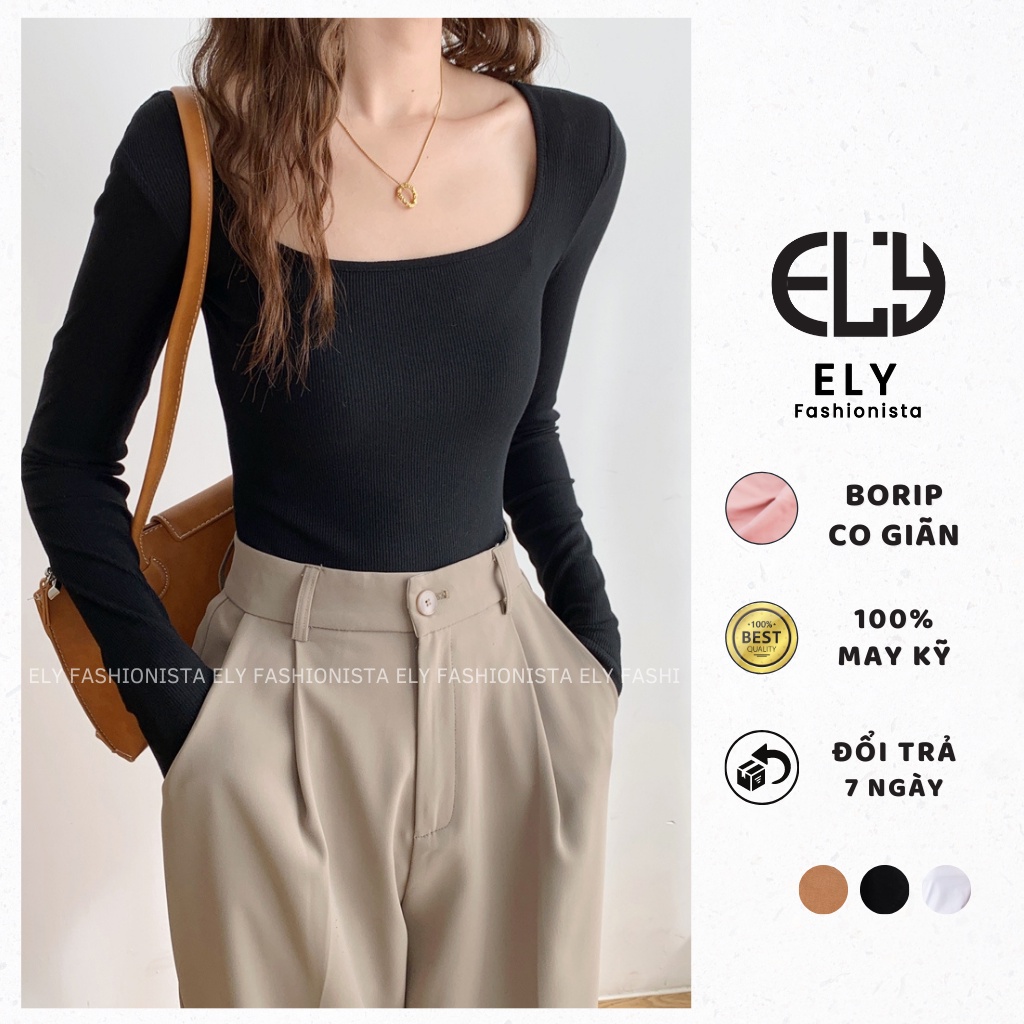 Áo Croptop Nữ Tay Dài Cổ Vuông Chất Liệu Thun Cotton Đẹp Dáng Ôm Body Co Giãn Tốt Ely204