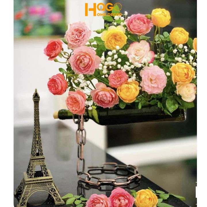 Bình hoa, lọ hoa thủy tinh hình chai kèm dây xích, lọ hoa bay trang trí, decor độc đáo