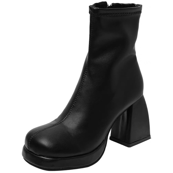 Boots da nữ cổ ngắn ôm chân gót vuông cao 10cm có khoá kéo