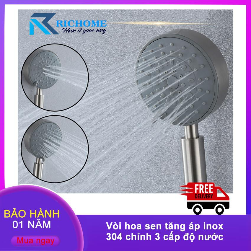 Tay sen tắm, vòi hoa sen tăng áp inox 304 chỉnh 3 cấp độ nước