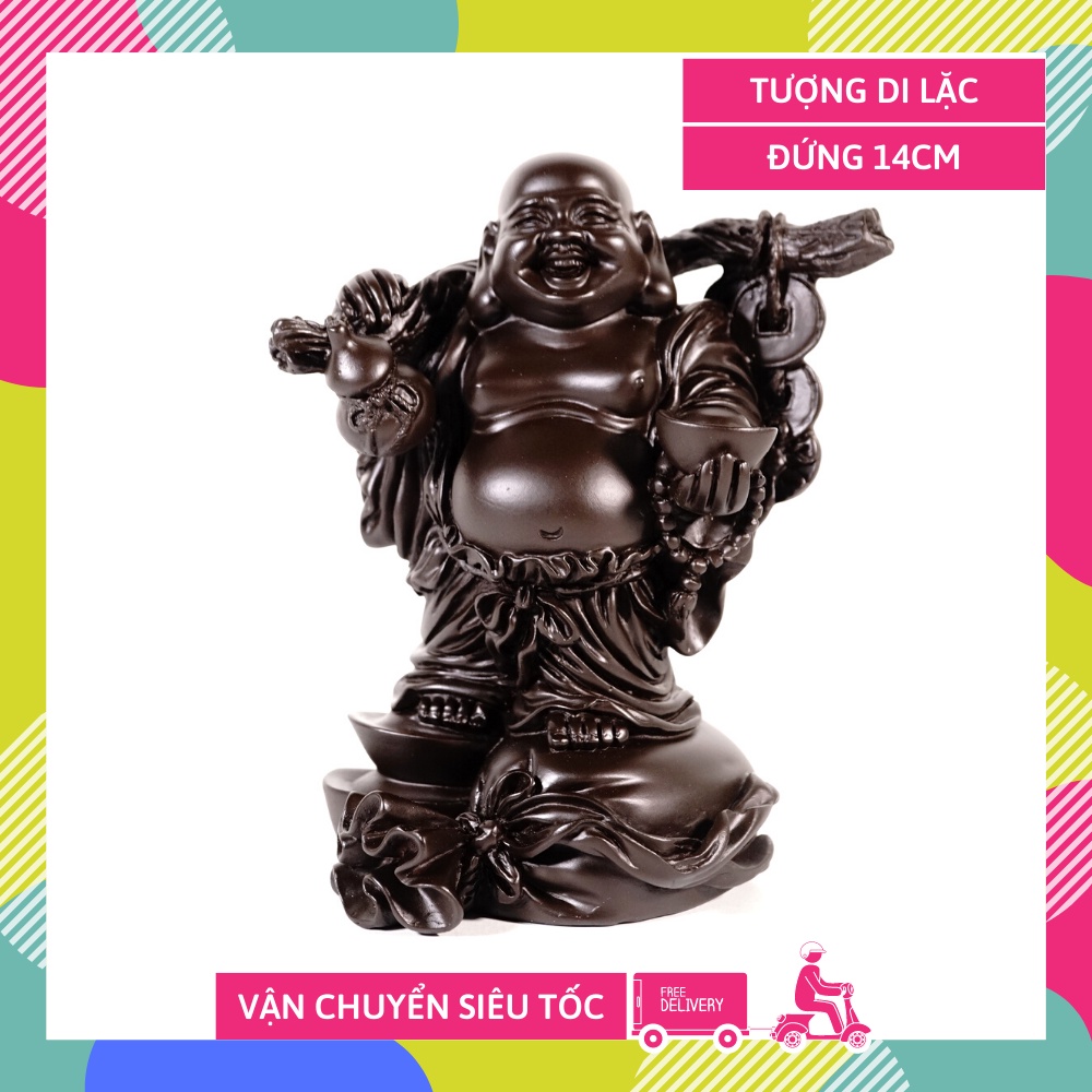 Tượng Phật Di Lặc đứng trên bao tải nâu đất may mắn - Cao 14cm