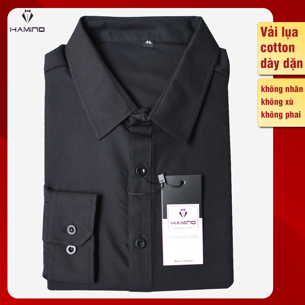 Áo sơ mi nam Đen dài tay Hàn Quốc vải lụa cotton chéo, mềm mịn, không nhăn theo phong cách công sở