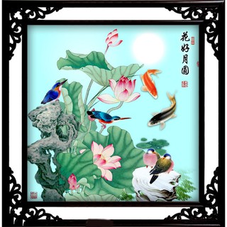 Tranh gắn đá toàn bộ - Cá chép và Hoa sen - tranh tự làm