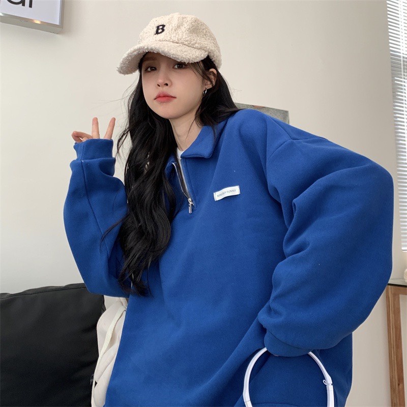 Áo sweater , Áo nỉ kéo khóa cổ màu xanh dương trơn phối họa tiết đơn giản