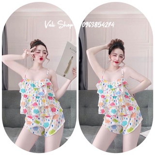 Đồ ngủ lụa latin 2 dây áo bèo tầng quần đùi hoạ tiết freesize từ 40-57kg mặc đẹp