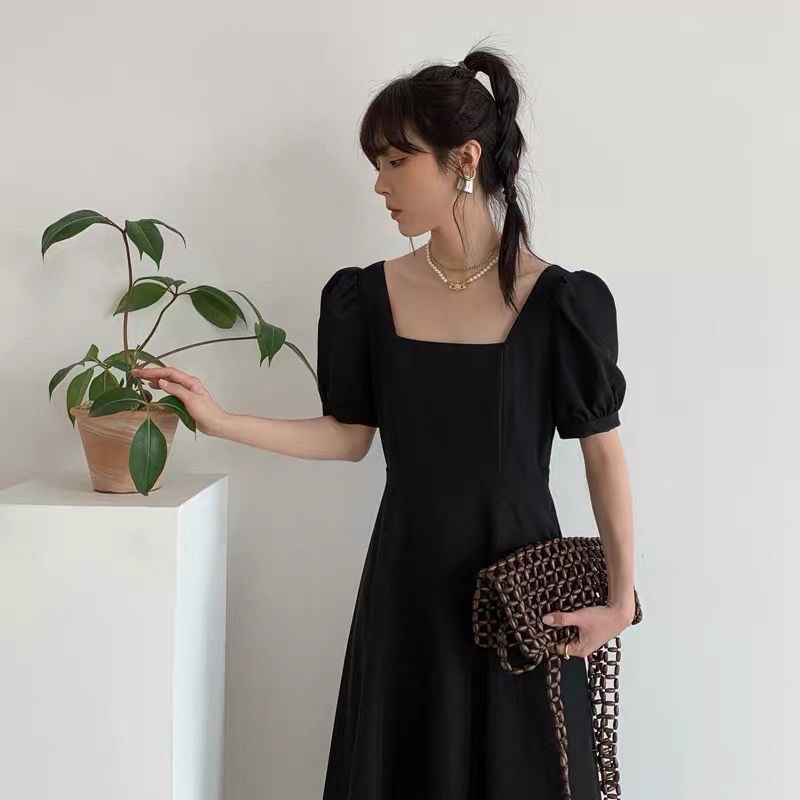 Đầm Đen Cổ Vuông Tay Phồng Thời Trang Mùa Hè Pháp 2022 Cho Nữ