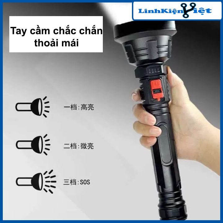 Đèn pin P700 công suất 10W pin 18650 cáp sạc USB chống nước siêu sáng làm đèn cắm trại, chiếu sáng