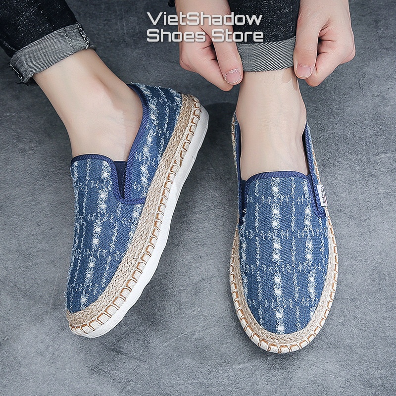 Slip on nam - Giày lười vải bò mài 2 màu đen và xanh denim - Mã 895