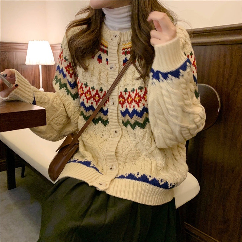 Áo khoác cardigan tay dài dáng rộng in họa tiết sọc màu cầu vồng phong cách thu đông cho nữ