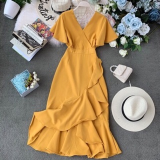 Váy dáng dài maxi đuôi cá tay ngắn đắp chéo cổ chữ V cổ tim