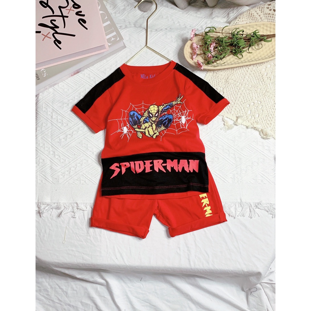 Bộ ngắn tay cotton 4 chiều cho bé trai siêu nhân nhện size từ 9-35kg