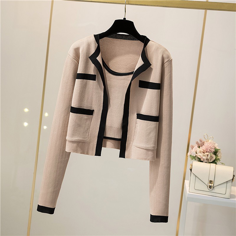 Set Áo Khoác Cardigan Dài Tay Và Áo Len Ngắn Phong Cách Hàn Quốc Mới